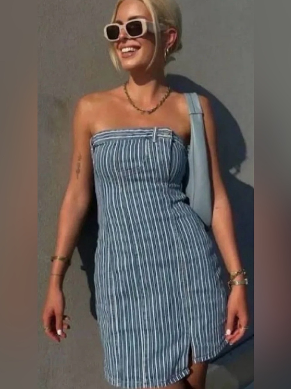 Zara TRF Strapless Railroad Stripe Denim Tube Mini Dress Blue Whit